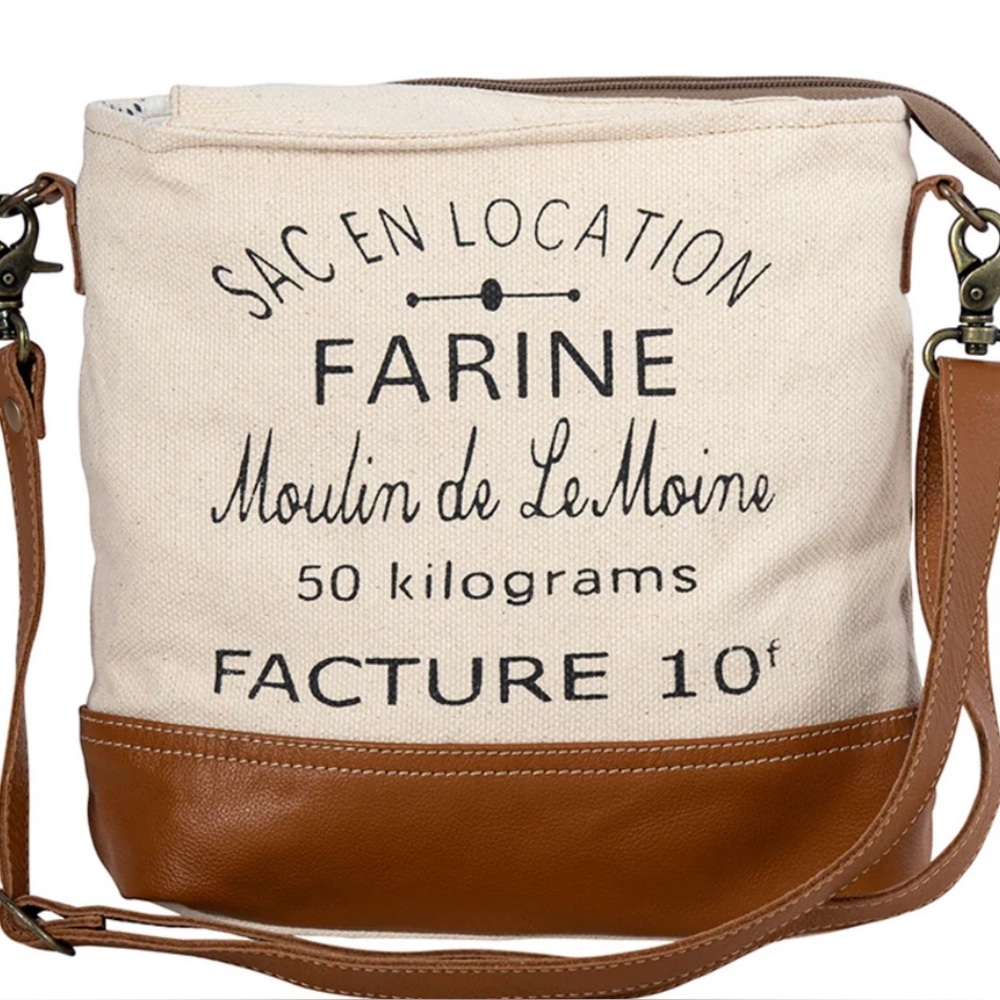 Canvas & Leather Crossbody Bag in Cream and Brown
